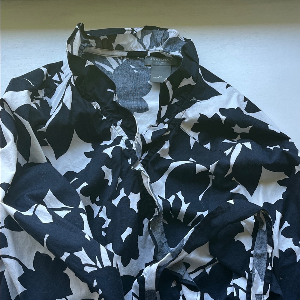 Navy Blue and White Floral Blouse